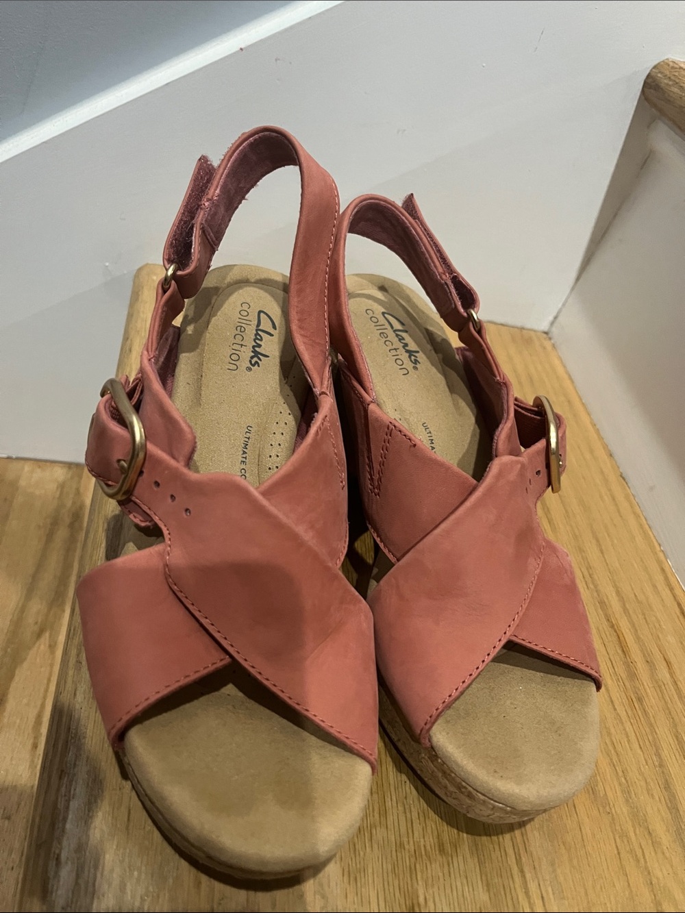 Clarks Coral Pink Crisscross Cork Wedge Sandals - Picture 3 of 6